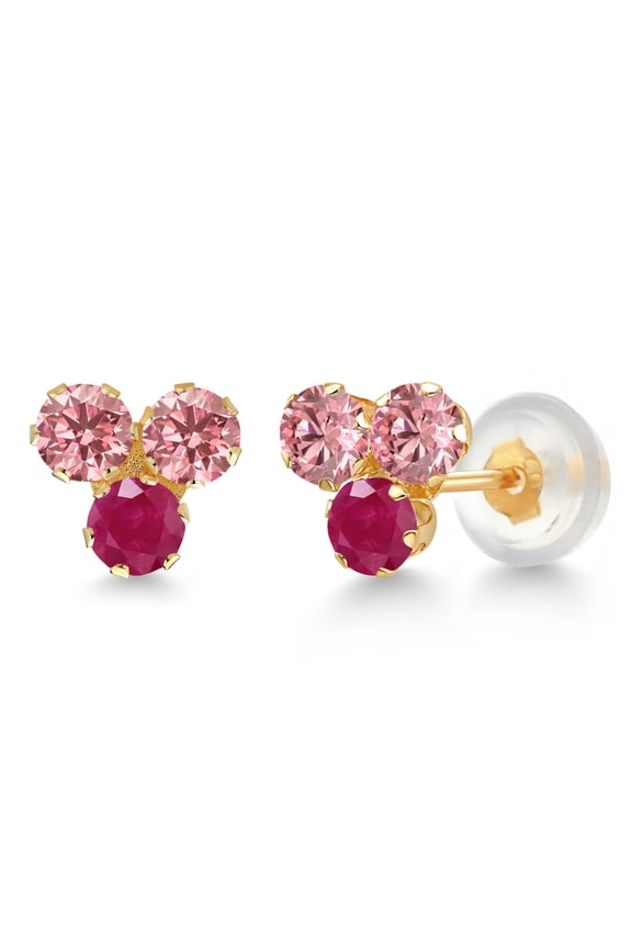 14K Yellow Gold Pink Lab Grown Diamond and Red Ruby Stud Earrings for Women | 0.83 Cttw | Gemstone April Birthstone | Round 3MM