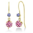 thumbnail image 1 of Gem Stone King 14K Yellow Gold Pink Moissanite and Blue Tanzanite French Wire Dangle Hook Earrings for Women (1.16 Cttw, Gemstone Birthstone, Round 5MM and 2.5MM), 1 of 2