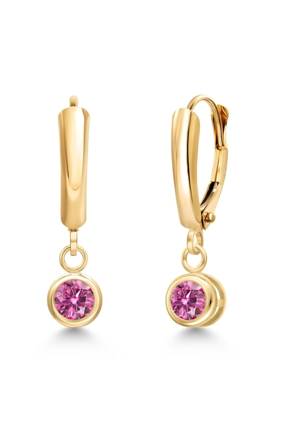 14K Yellow Gold Pink Moissanite Dangle Earrings for Women | 0.46 Cttw | Gemstone Birthstone | Round 4MM
