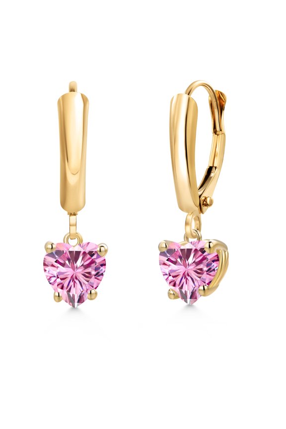 14K Yellow Gold Pink Moissanite Dangle Earrings for Women | 1.60 Cttw | Gemstone Birthstone | Heart Shape 6MM