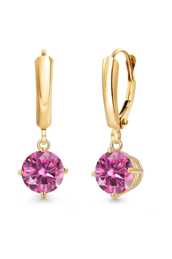 14K Yellow Gold Pink Moissanite Dangle Earrings for Women | 2.40 Cttw | Gemstone Birthstone | Round 7MM