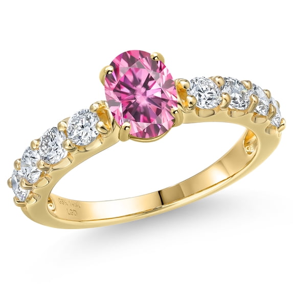 Gem Stone King 14K Yellow Gold Pink Moissanite and Lab Grown Diamond Engagement Ring for Women | 1.78 Cttw | Oval 7X5MM | Gemstone Birthstone | Size 8