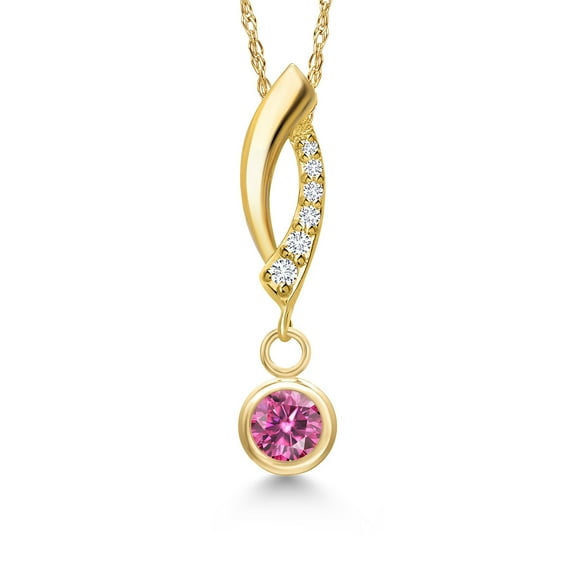 Gem Stone King 14K Yellow Gold Pink Moissanite and Lab Grown Diamond Pendant Necklace for Women | 0.26 Cttw | Gemstone Birthstone | Round 4MM | With 18 inch Chain