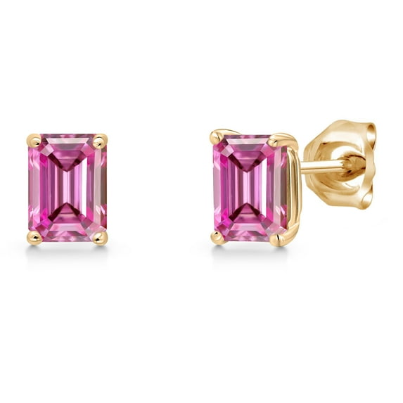 Gem Stone King 14K Yellow Gold Pink Moissanite Stud Basket Setting Earrings for Women Men | 1.14 Cttw | Gemstone Birthstone | Octagon 6X4MM | Double Notch | Gold Earrings for Women Men
