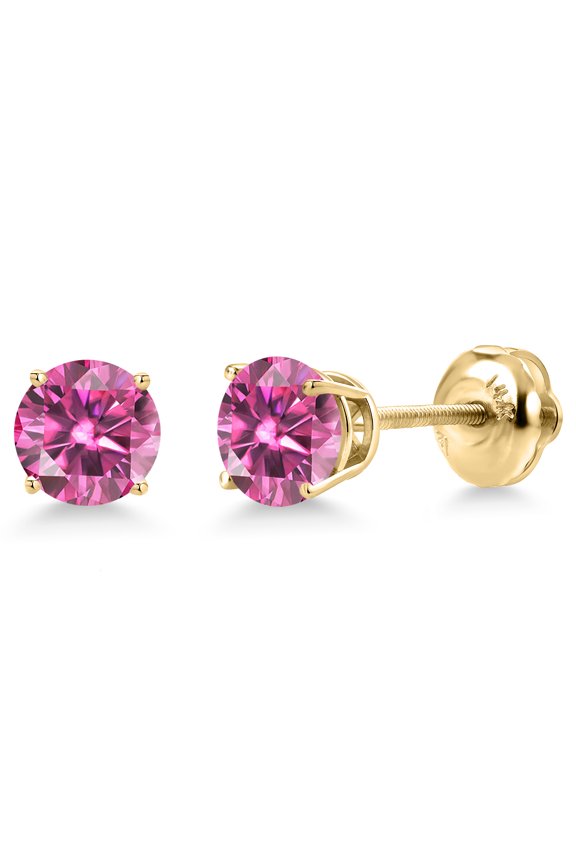 14K Yellow Gold Pink Moissanite Stud Earrings for Women | 2.00 Cttw | Gemstone Birthstone | Round 6.5MM