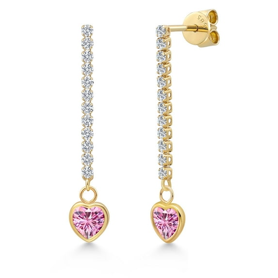 Gem Stone King 14K Yellow Gold Pink Moissanite and Lab Grown Diamond Earrings for Women | 1.36 Cttw | Gemstone Birthstone | Heart Shape 5MM