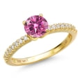 thumbnail image 1 of Gem Stone King 14K Yellow Gold Pink Moissanite and Lab Grown Diamond Engagement Ring for Women | 0.96 Cttw | Round 6MM | Gemstone Birthstone | Size 5, 1 of 6