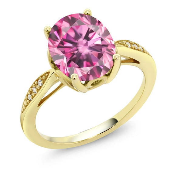 Gem Stone King 14K Yellow Gold Pink Moissanite and White Diamond Engagement Ring for Women (2.86 Cttw, Oval 10X8MM, Available in Size 5, 6, 7, 8, 9)