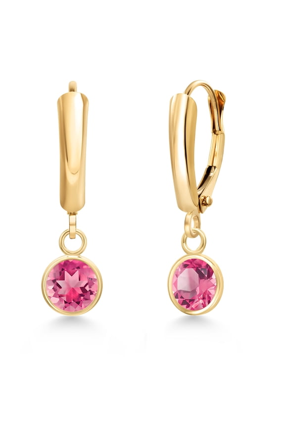14K Yellow Gold Pink Mystic Topaz Dangle Earrings for Women | 3.00 Cttw | Gemstone November Birthstone | Round 6MM
