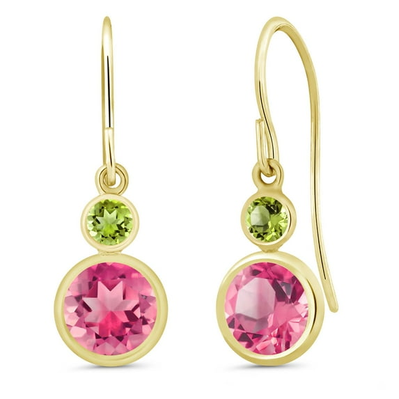 Gem Stone King 14K Yellow Gold Pink Mystic Topaz and Green Peridot Drop Dangle Earrings for Women (2.24 Cttw, Gemstone November Birthstone, Round 6MM and 3MM)