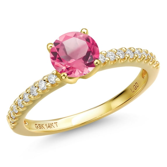Gem Stone King 14K Yellow Gold Pink Mystic Topaz and Lab Grown Diamond Engagement Ring for Women | 1.66 Cttw | Round 6MM | Gemstone November Birthstone | Size 5