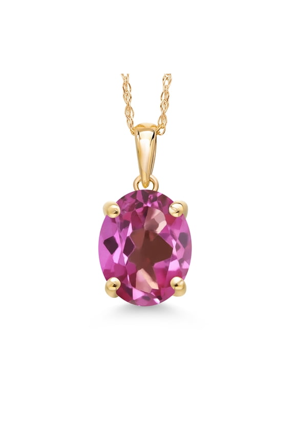 14K Yellow Gold Pink Mystic Topaz Pendant Necklace | 3.25 Cttw | Gemstone November Birthstone | Oval 10X8MM | Gold Necklace for Women | With 18 inch Gold Chain