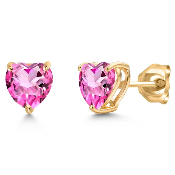 Gem Stone King 14K Yellow Gold Pink Mystic Topaz Stud Earrings for Women Men | 1.90 Cttw | Gemstone November Birthstone | Heart Shape 6MM