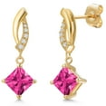 thumbnail image 1 of Gem Stone King 14K Yellow Gold Pink Mystic Topaz and Lab Grown Diamond Earrings for Women | 1.65 Cttw | Gemstone November Birthstone | Princess 5MM, 1 of 6
