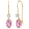 thumbnail image 1 of Gem Stone King 14K Yellow Gold Pink Sapphire French Wire Dangle Earrings for Women (1.20 Cttw, Gemstone September Birthstone, Oval 6X4MM and Round 2.5MM), 1 of 6