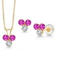 thumbnail image 1 of Gem Stone King 14K Yellow Gold Pink Sapphire and White Created Sapphire 3 Stone Pendant and Earrings Jewelry Set for Women (1.19 Cttw, Round 3MM, with 18 inch Chain), 1 of 3
