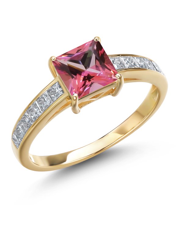 14K Yellow Gold Pink Topaz and White Lab Grown Diamond Engagement Ring for Women | 1.90 Cttw | Princess 6MM | Gemstone November Birthstone | Size 7