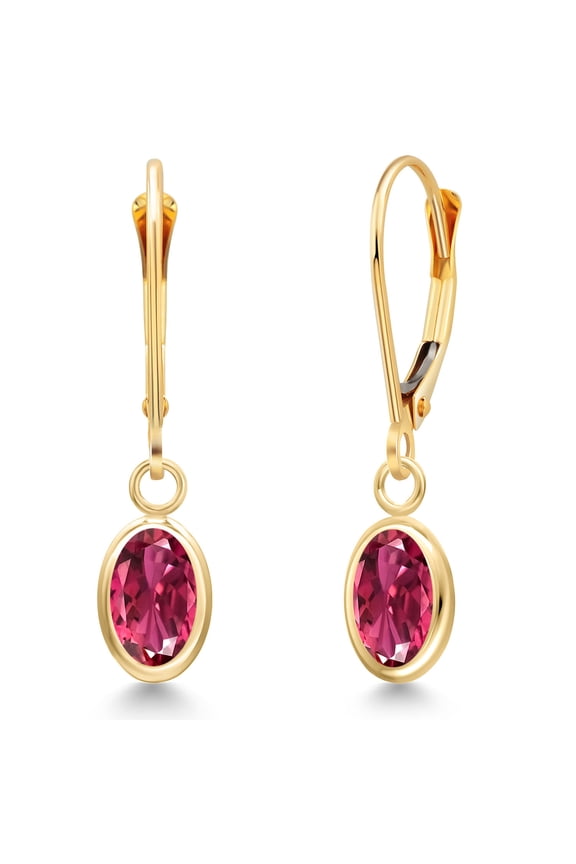 14K Yellow Gold Pink Tourmaline Dangle Earrings for Women | 1.70 Cttw | Gemstone October Birthstone | Oval 7X5MM