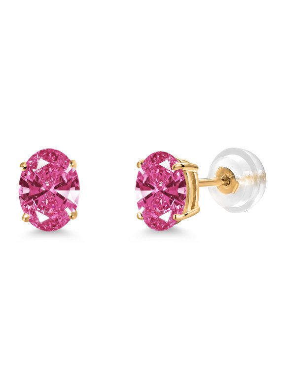 14K Yellow Gold Pink Zirconia Stud Basket Setting Earrings for Women Men (1.52 Cttw, Gemstone Birthstone, Oval 7X5MM)