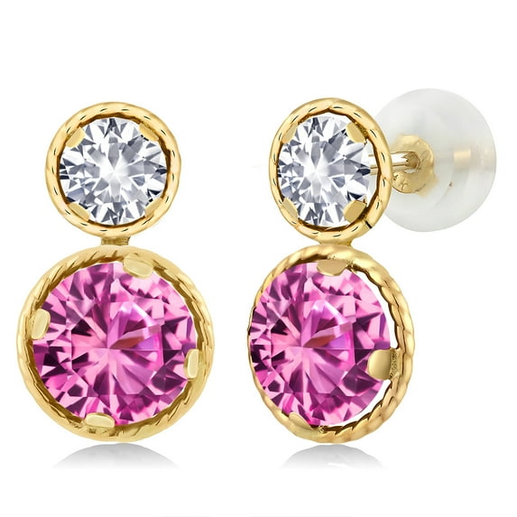 Gem Stone King 14K Yellow Gold Pink and White Created Sapphire Earrings for Women (2.50 Cttw, Gemstone September Birthstone, Round Cut 6MM and 4MM)