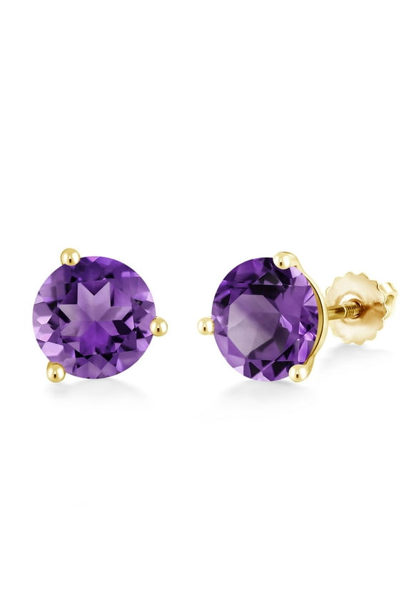 14K Yellow Gold Purple Amethyst 3 Prong Martini Screw Back Stud Earrings for Women Men (3.40 Cttw, Gemstone February Birthstone, Round 8MM)