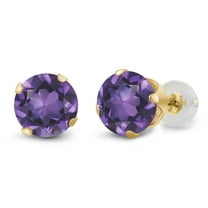 Gem Stone King 14K Yellow Gold Purple Amethyst 4-Prong Stud Earrings for Women Men (1.50 Cttw, Gemstone Birthstone, Round 6MM)