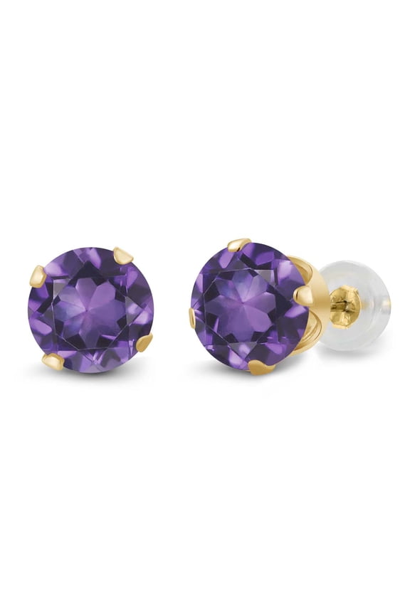 14K Yellow Gold Purple Amethyst 4-Prong Stud Earrings for Women Men (1.50 Cttw, Gemstone Birthstone, Round 6MM)