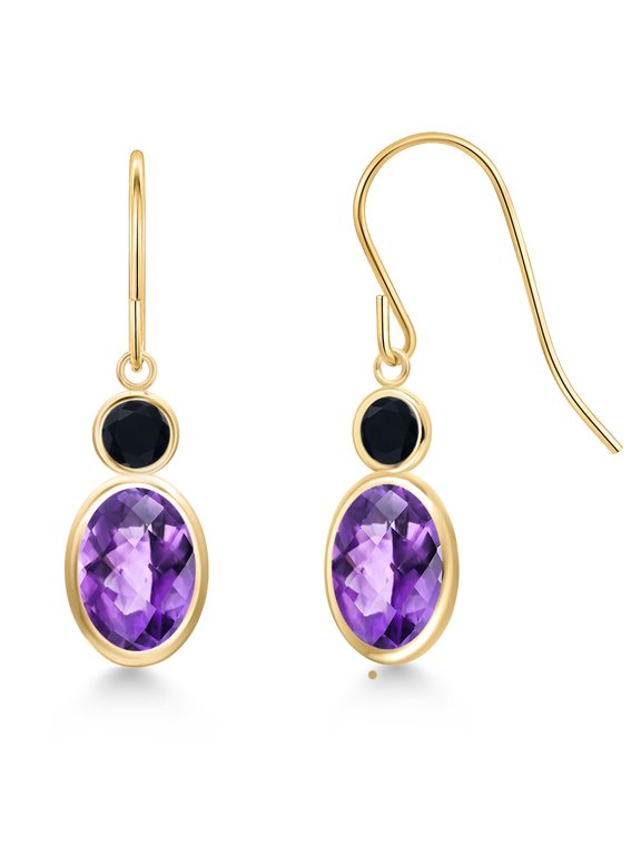 14K Yellow Gold Purple Amethyst and Black Onyx Hook French Fish Ear Wire Dangle Earrings for Women (1.70 Cttw, Gemstone February Birthstone, Oval Checkerboard 7X5MM, Round 3MM)