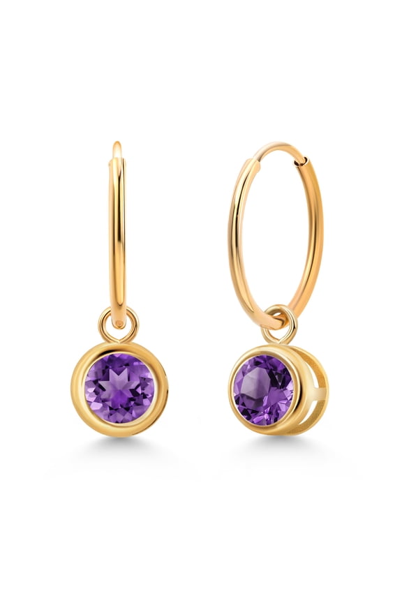 14K Yellow Gold Purple Amethyst Dangle Earrings for Women (0.95 Cttw, Gemstone February Birthstone, Round 5MM, Bezel Setting)