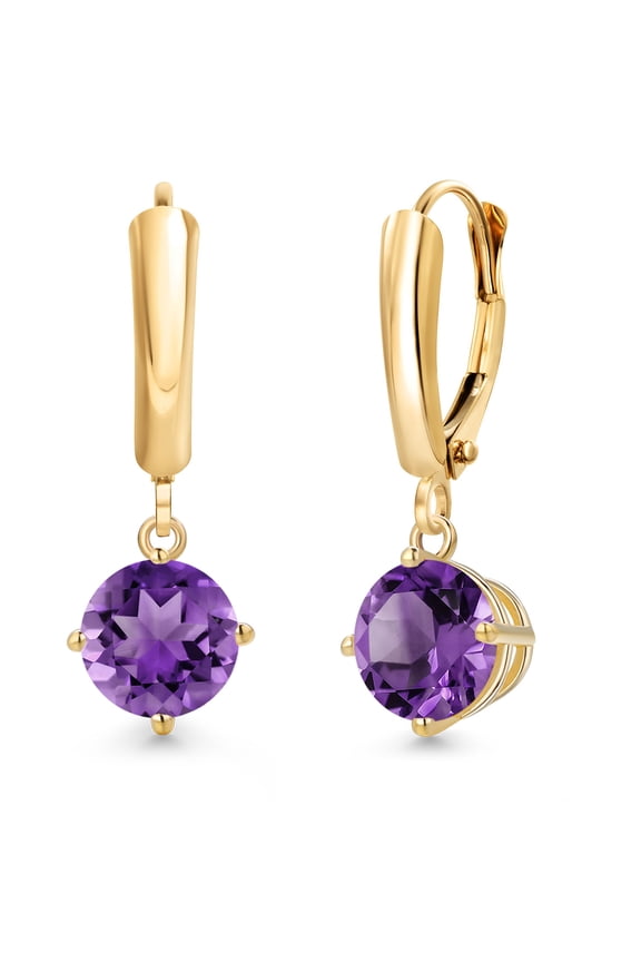 14K Yellow Gold Purple Amethyst Dangle Earrings for Women | 2.40 Cttw | Gemstone February Birthstone | Round 7MM