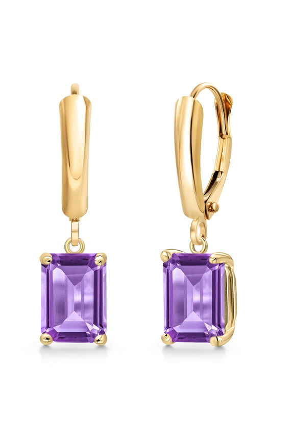 14K Yellow Gold Purple Amethyst Dangle Earrings for Women | 3.00 Cttw | Gemstone February Birthstone | Emerald Cut 8X6MM