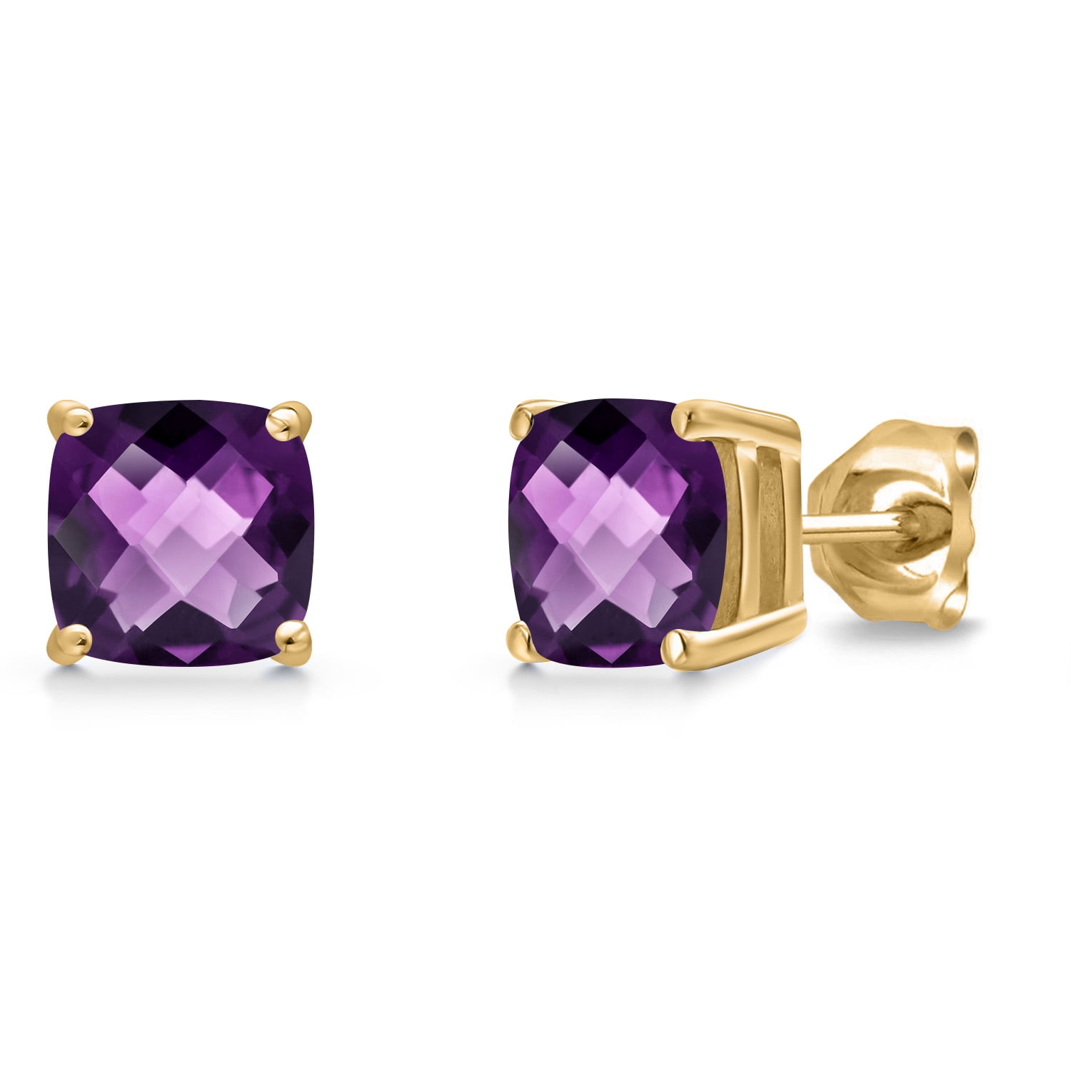 Gem Stone King 14K Yellow Gold Purple Amethyst Double Notch Stud Earrings | 1.40 Cttw | Gemstone February Birthstone | Cushion Checkerboard 6MM | Gold Earrings for Women Men