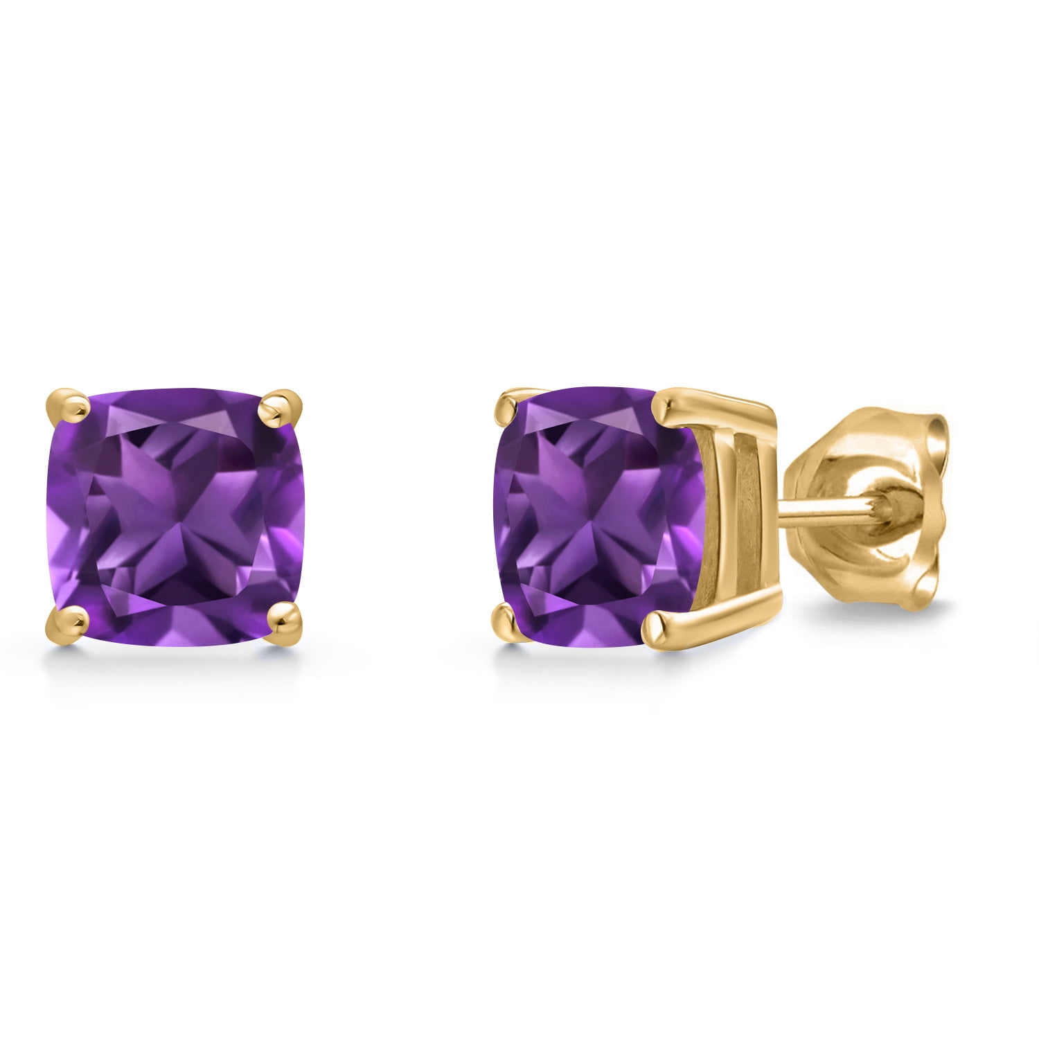 Gem Stone King 14K Yellow Gold Purple Amethyst Double Notch Stud Earrings | 1.94 Cttw | Gemstone February Birthstone | Cushion 6MM | Gold Earrings for Women Men
