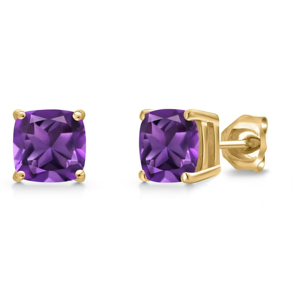 Gem Stone King 14K Yellow Gold Purple Amethyst Double Notch Stud Earrings | 1.94 Cttw | Gemstone February Birthstone | Cushion 6MM | Gold Earrings for Women Men