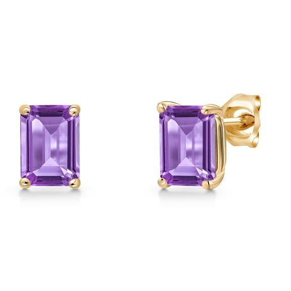 Gem Stone King 14K Yellow Gold Purple Amethyst Double Notch Stud Earrings for Women Men | 1.90 Cttw | Gemstone February Birthstone | Octagon 7X5MM | Basket Setting | Gold Earrings for Women Men