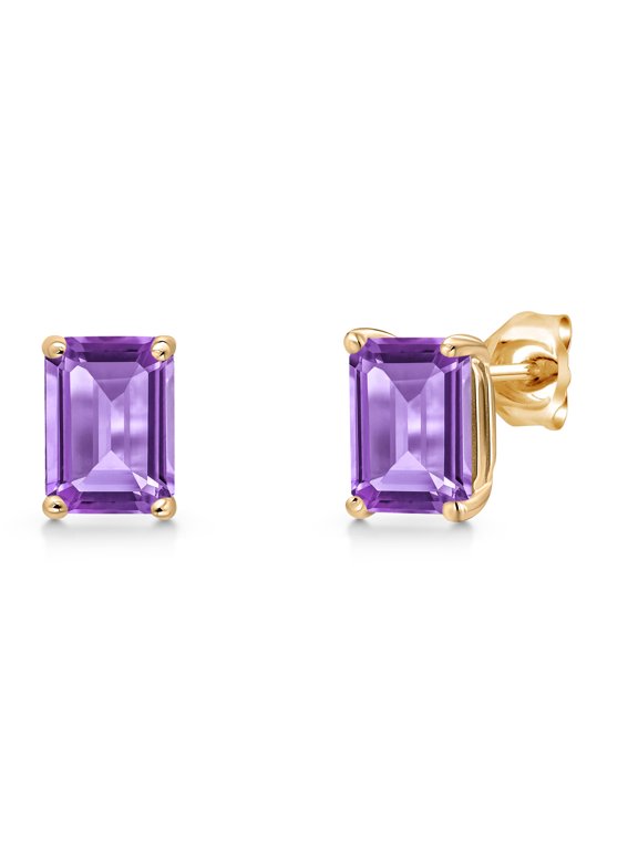 14K Yellow Gold Purple Amethyst Double Notch Stud Earrings for Women Men | 1.90 Cttw | Gemstone February Birthstone | Octagon 7X5MM | Basket Setting | Gold Earrings for Women Men