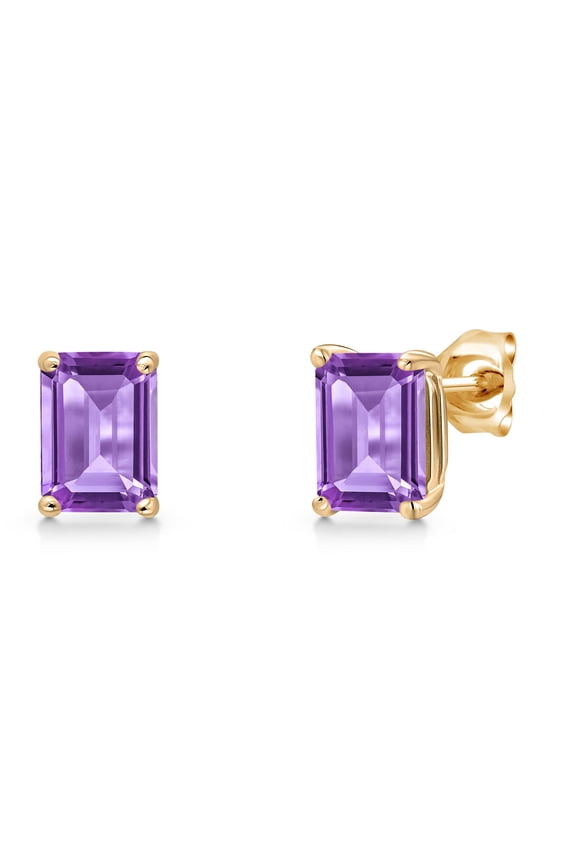 14K Yellow Gold Purple Amethyst Double Notch Stud Earrings for Women Men | 1.90 Cttw | Gemstone February Birthstone | Octagon 7X5MM | Basket Setting | Gold Earrings for Women Men