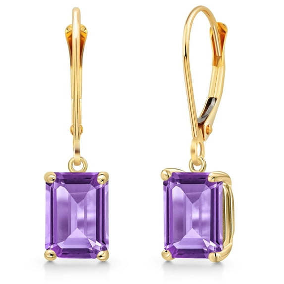 Gem Stone King 14K Yellow Gold Purple Amethyst Earrings for Women | 3.00 Cttw | Gemstone February Birthstone | Emerald Cut 8X6MM