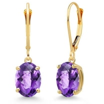Gem Stone King 14K Yellow Gold Purple Amethyst Earrings for Women | 3.00 Cttw | Gemstone February Birthstone | Oval Checkerboard 9X7MM