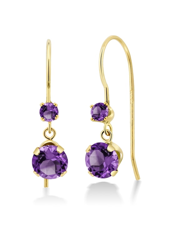 14K Yellow Gold Purple Amethyst French Wire Dangle Hook Earrings for Women (1.07 Cttw, Gemstone February Birthstone, Round 5MM and 2.5MM)