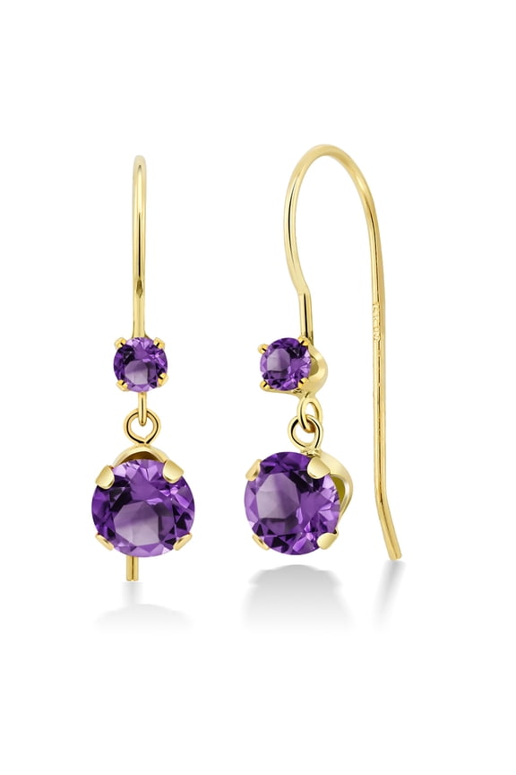 14K Yellow Gold Purple Amethyst French Wire Dangle Hook Earrings for Women (1.07 Cttw, Gemstone February Birthstone, Round 5MM and 2.5MM)