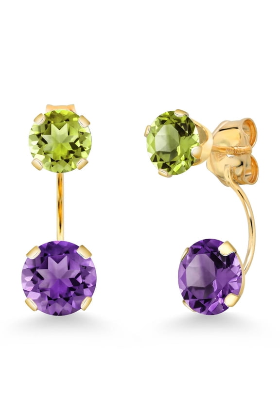 14K Yellow Gold Purple Amethyst and Green Peridot Stud Earrings for Women | 3.10 Cttw | Gemstone February Birthstone | Round 6MM