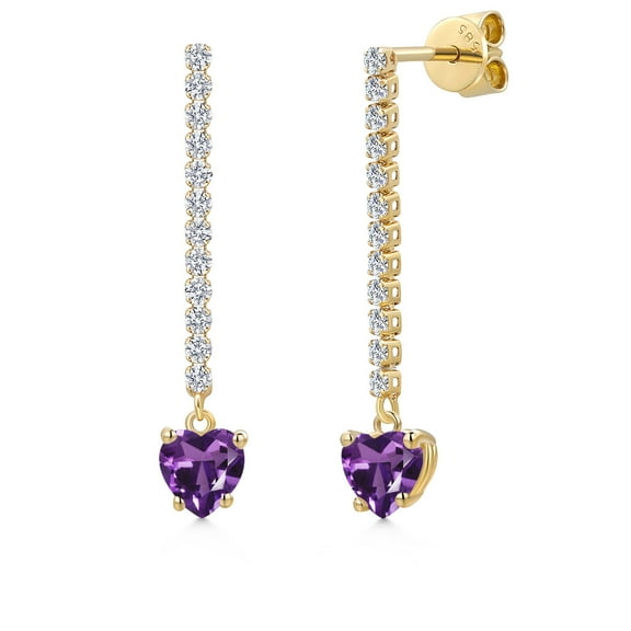 Gem Stone King 14K Yellow Gold Purple Amethyst and Lab Grown Diamond Dangle Earrings for Women | 1.20 Cttw | Gemstone February Birthstone | Heart Shape 5MM