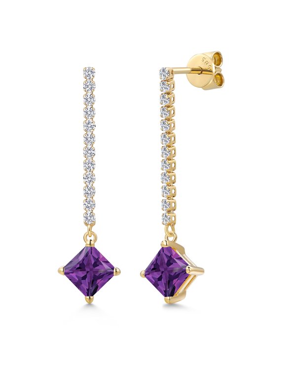 14K Yellow Gold Purple Amethyst and Lab Grown Diamond Dangle Earrings for Women | 2.32 Cttw | Gemstone February Birthstone | Princess 6MM