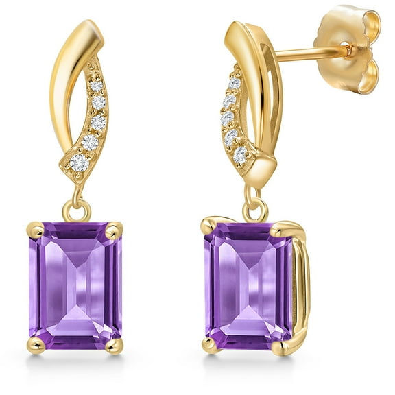Gem Stone King 14K Yellow Gold Purple Amethyst and Lab Grown Diamond Earrings for Women | 3.05 Cttw | Gemstone February Birthstone | Emerald Cut 8X6MM