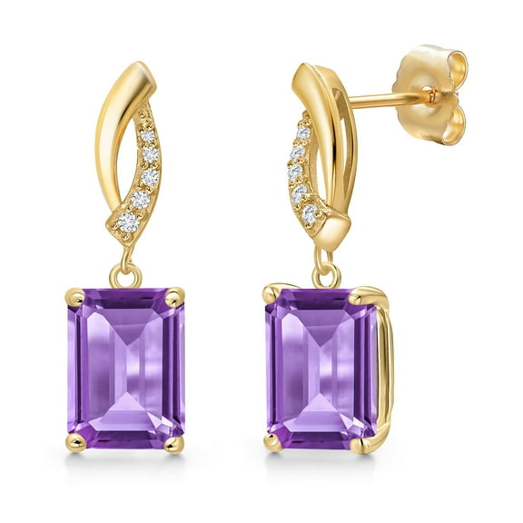 Gem Stone King 14K Yellow Gold Purple Amethyst and Lab Grown Diamond Earrings for Women | 5.05 Cttw | Gemstone February Birthstone | Emerald Cut 9X7MM