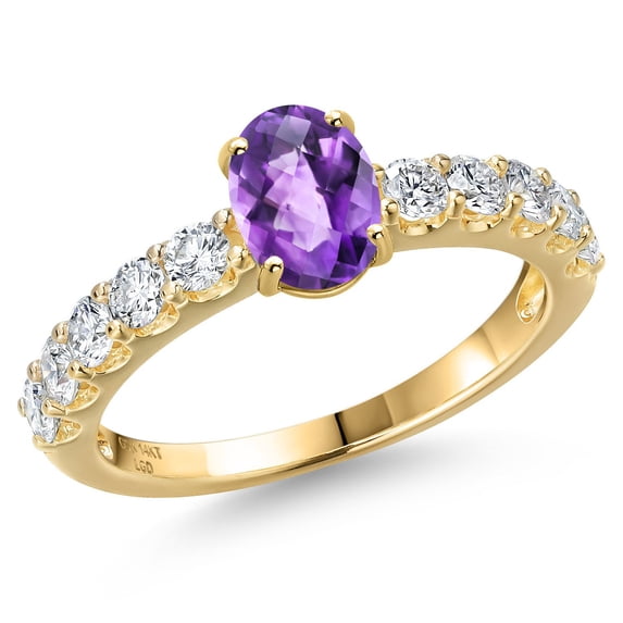 Gem Stone King 14K Yellow Gold Purple Amethyst and Lab Grown Diamond Engagement Ring for Women | 1.40 Cttw | Oval Checkerboard 7X5MM | Gemstone February Birthstone | Size 5