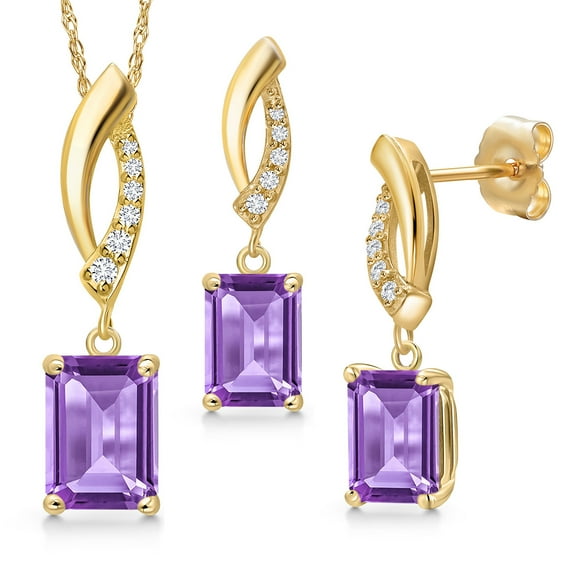 Gem Stone King 14K Yellow Gold Purple Amethyst and Lab Grown Diamond Pendant Earrings Jewelry Set for Women | 3.48 Cttw | Gemstone February Birthstone | Emerald Cut 8X6MM | with 18 inch Chain