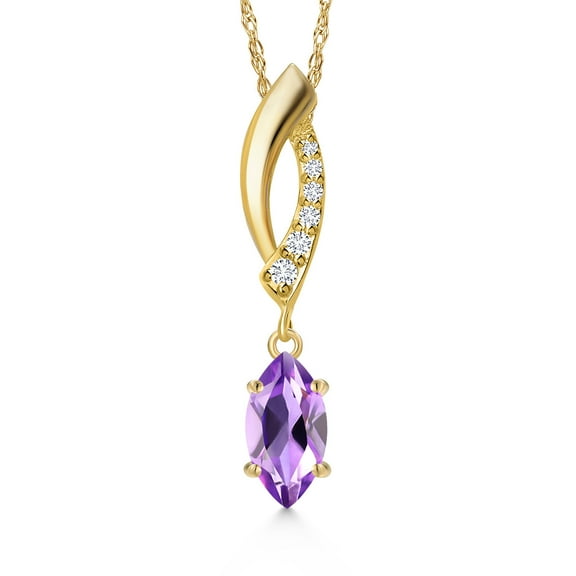 Gem Stone King 14K Yellow Gold Purple Amethyst and Lab Grown Diamond Pendant Necklace for Women | 0.44 Cttw | Gemstone February Birthstone | Marquise 8X4MM | With 18 inch Chain
