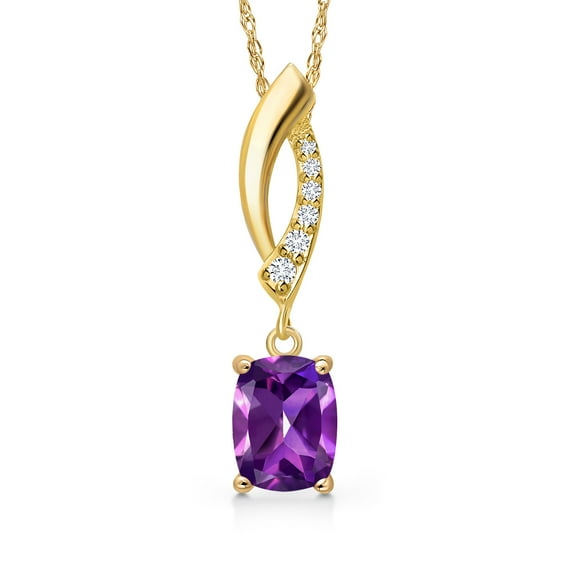 Gem Stone King 14K Yellow Gold Purple Amethyst and Lab Grown Diamond Pendant Necklace for Women | 0.93 Cttw | Gemstone February Birthstone | Cushion 7X5MM | With 18 inch Chain
